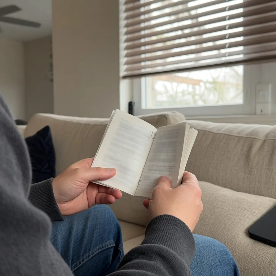 Homeowner reviewing insurance policy papers at home before a cleanup claim in Arlington