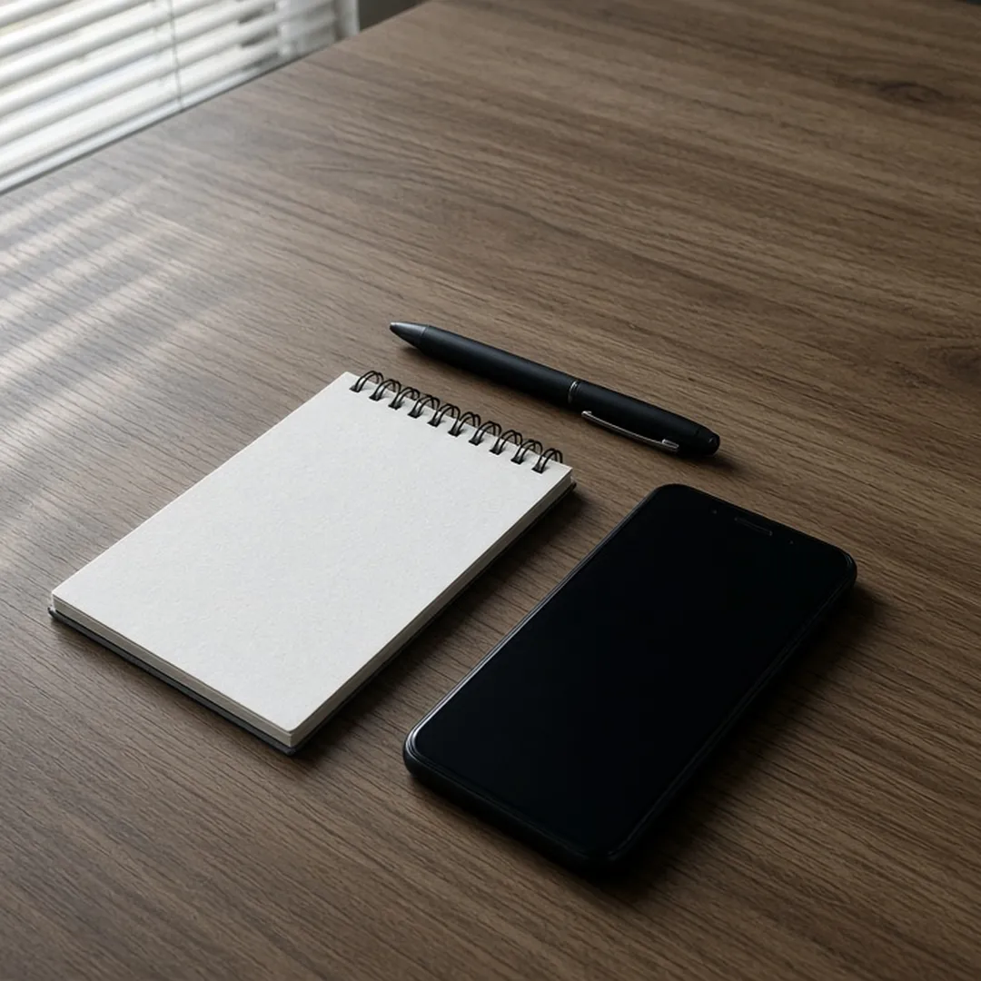 Smartphone resting on a table beside a notepad and pen in an Arlington home