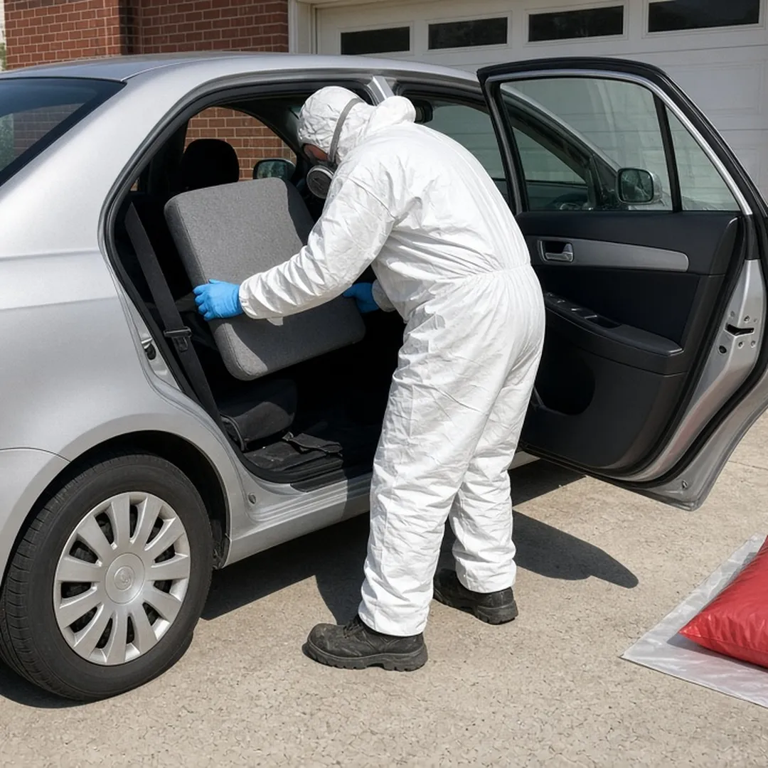 Technician removing a seat cushion from a car during vehicle biohazard cleanup in Arlington